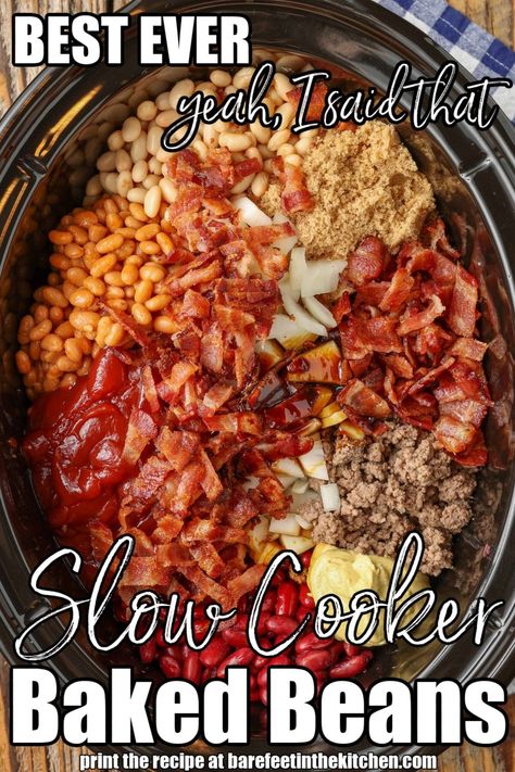 The BEST Slow Cooker Baked Beans Baked Beans Recipe Crockpot, Crock Pot Baked Beans, Beans Recipe Crockpot, Baked Beans Crock Pot, Simply Happy Foodie, Slow Cooker Baked Beans, Best Baked Beans, Baked Beans With Bacon, Beans In Crockpot