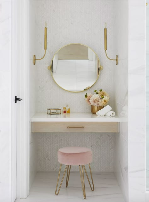 Washroom With Makeup Vanity, Makeup Vanity Area In Bedroom, Linen Closet Vanity, Small Getting Ready Area, Vanity Between Closets, Makeup Areas In Bedroom, Built In Vanity In Bedroom Small Spaces, Closet With Makeup Area, Makeup Area In Closet