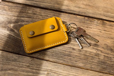 Yellow leather Keychain Wallet, Personalized Gift for Loved ones, Small wallet for women by Molotovworkshop on Etsy Diy Leather Working, Keys Holder, Yellow Wallet, Key Holder Wallet, Yellow Card, Leather Anniversary Gift, Small Leather Wallet, Minimalist Leather Wallet, Leather Anniversary