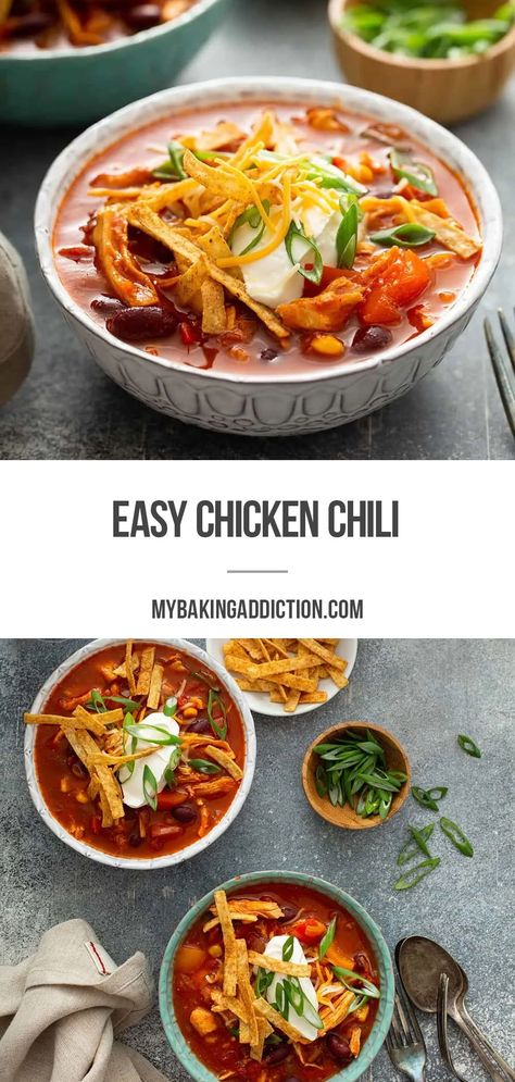 Easy Chicken Chili is so simple! Rotisserie chicken, tomatoes, corn, and beans are simmered with your favorite chili spices for a total win at dinner time. Red Chicken Chili, Easy Chicken Chili, Corn And Beans, Recipes Using Rotisserie Chicken, Chicken Tomatoes, Chili Verde, Chili Spices, Red Chicken, Chicken Chili