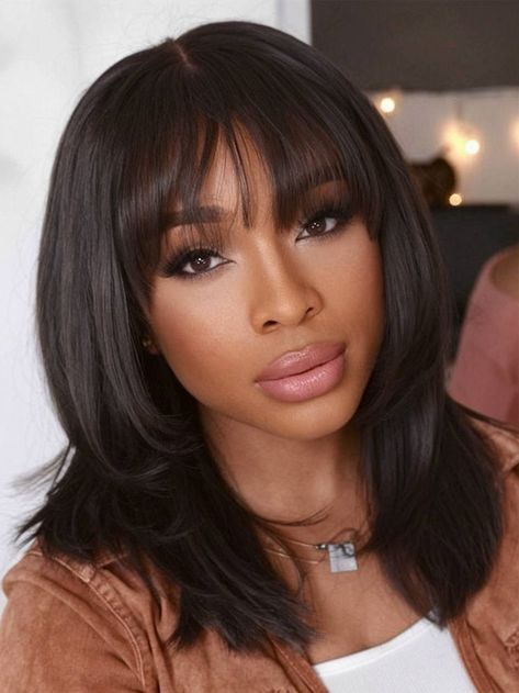 Wig with fringe bangs and soft feathered layers Bang Hairstyles Black Women, Black Girls With Bangs, Bangs Black Women, Bang Styles, Fringe Wig, Bangs For Black Women, Fringe Styles, Styles For Black Women, Feathered Layers