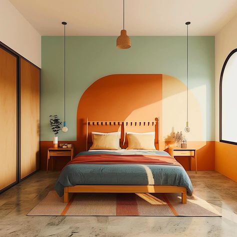 colorful_minimalist_bedroom 21 Mid Century Modern Bedroom Colors, Geometric Wall Design, Mid Modern House, Minimalist Bedrooms, Funky Living Rooms, Colorful Minimalist, Budget Decor, House Aesthetic, Minimalist Room