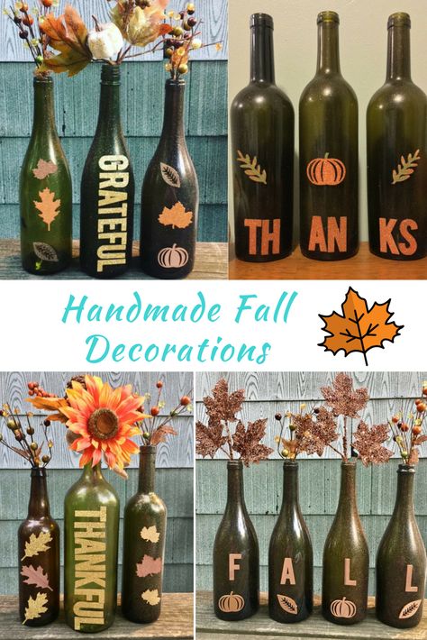 Fall crafts made with upcycled wine bottles by Moscato Is My Mantra Pumpkin Painted Wine Bottles, Brown Wine Bottle Ideas, Wine Bottle Fall Crafts, Thanksgiving Wine Bottle Crafts, Fall Painted Wine Bottles, Fall Wine Bottle Crafts, Fall Wine Bottle Crafts Diy, Repurpose Wine Bottles, Fall Hobbies