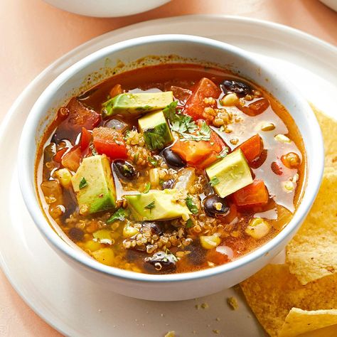 Vegan Tortilla Soup Tortillas Soup, Quinoa Tortillas, Quinoa And Black Beans, Vegan Tortilla Soup, Vegan Board, Vegan Tortilla, Jalapeno Chili, Tortilla Soup Recipe, Vegan Beans