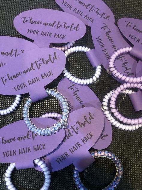 Hair Tie Tags Printable, To Have And To Hold Your Hair Back, Christian Bachelorette Party Ideas, Purple Bachelorette Party, Bachelorette Party Hair, Boho Wedding Gifts, Country Western Wedding, Tie Ideas, Hair Ties Diy