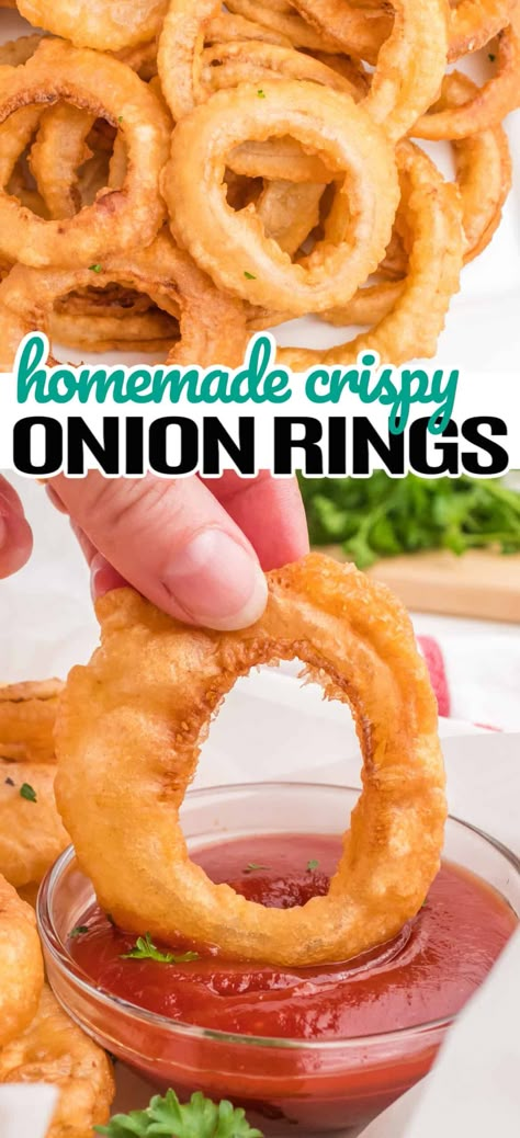 This homemade Crispy Onion Rings recipe makes delicious restaurant-quality onion rings perfect for your game day spread or burger night meal! Onion Rings Recipe Easy, Onion Ring Batter, Fried Onion Rings Recipe, Homemade Onion Rings, Beer Battered Onion Rings, Deep Fried Recipes, Onion Rings Recipe, Batter Recipe, Food Lab