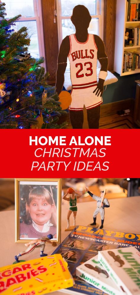 Home Alone Christmas party decor ideas - Michael Jordan cutout and items from Buzz's room Holiday Movie Themed Christmas Party, Funny Christmas Party Decorations, Christmas Movie Tree Themes, Home Alone Watch Party, Home Alone Night Ideas, Christmas Movie Theme Decorations, Christmas Movies Decorations, Elf Trunk Or Treat, Home Alone Christmas Decorations Diy