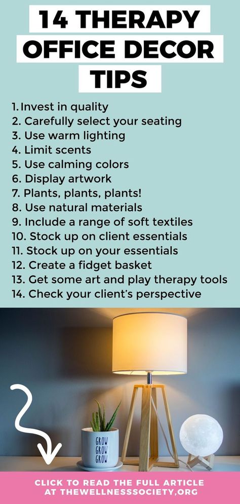 Looking for therapy office décor ideas? Click to read our Ultimate Guide to Therapy Office Décor at thewellnesssociety.org today! Life Coaching Office Decor, Small Counseling Office Ideas, Small Therapy Office Ideas, Private Practice Office, Therapist Office Design, Play Therapy Office, Counselling Room, Counselling Tools, Counseling Office Decor