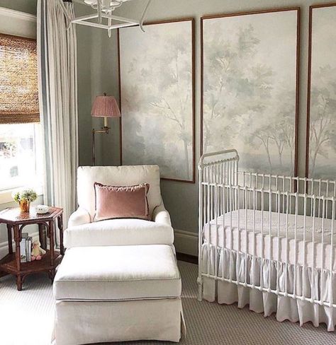 Jennifer Barron Interiors created this serene nursery with our scenic framed wallpaper panels. The original mural was hand-painted by fine artist Susan Harter. We create life-sized reproductios of her scenic landscapes in our studio, customizing each one for your project. Susan Harter, Framed Wallpaper Panels, Traditional Nursery, French Country Bedrooms, Scenic Wallpaper, Picture Frame Molding, Framed Wallpaper, Nursery Wallpaper