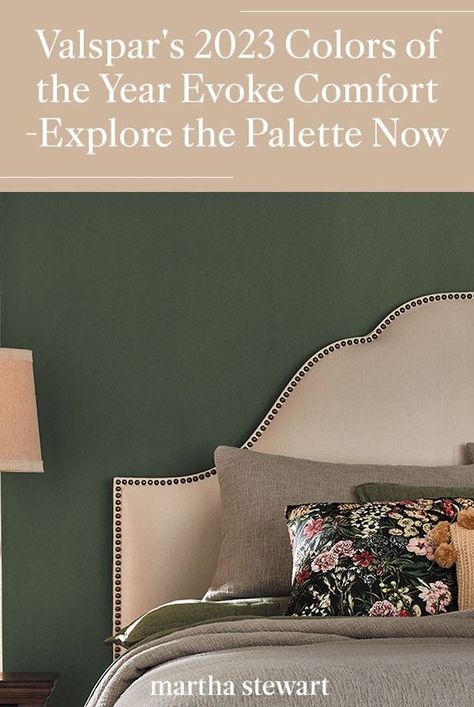 Valspar, a paint company, announced its 2023 Colors of the Year, which are meant to evoke comfort. Discover the 12 hues, which include muted shades and Earth tones. #paintcoloroftheyear #details #easyhomedecorideas #homedecorinspiration #homeimprovementideas #marthastewart Valspar Earth Tones Paint Colors, Earth Tone Paint Palette, Valspar 2023 Color Of The Year, Valspar Paint Colors 2023, Bedroom Inspirations Earth Tones, Valspar Bedroom Paint Colors, Valspar Blue Paint Colors, 2023 Paint Colors Of The Year, Valspar Paint Colors Blue