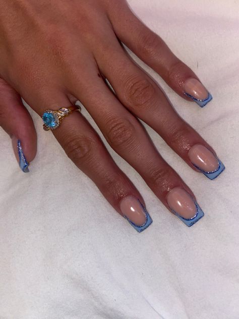 Cute French Tip Nails Acrylic Blue, Blue Tips Nails Square, Short Square Acrylic Nails Blue Glitter, Blue Tip Nails Acrylic, Silver Nails Round, Short Blue Square Acrylic Nails, Light Blue Nail Ideas Art Designs, Homecoming Blue Nails, Blue Quinceanera Nails Short