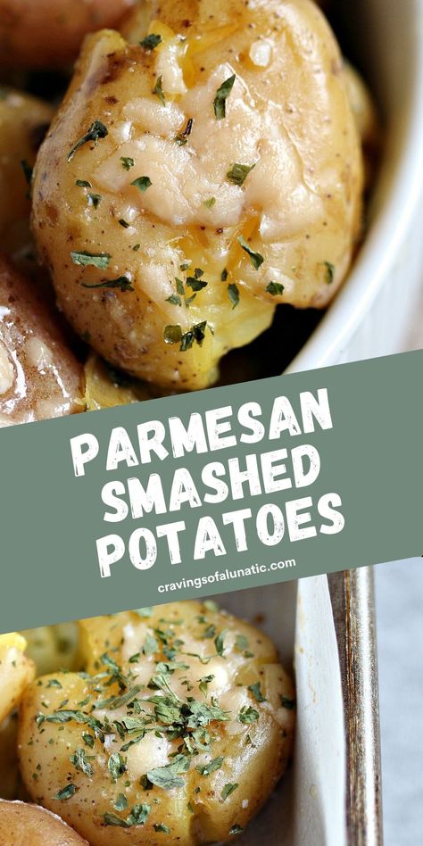 These Parmesan Smashed Potatoes are crispy on the outside and soft on the inside which makes them the perfect side dish for any occasion! Parmesan Smashed Potatoes, Smashed Red Potatoes, Fall Eats, Smashed Potatoes Recipe, Mini Potatoes, Food Innovation, Smashed Potatoes, Perfect Side Dish, Spring Recipes