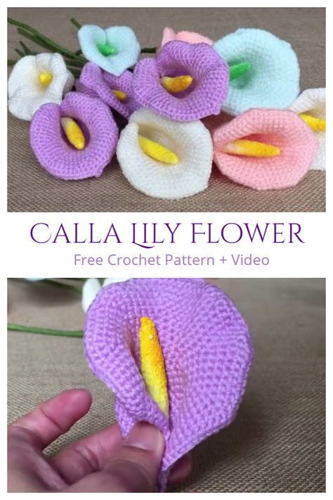 Crochet Calla Lily Flower Free Pattern Calla Lily Crochet Pattern Free, Flower Crochet Free, Calla Lily Boutonniere, Wedding Crochet, Crochet Plants, Crochet Feather, Crochet Puff Flower, Calla Lily Flower, Mini Calla Lilies