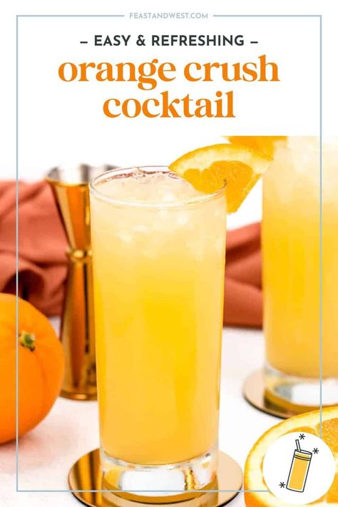 The Orange Crush cocktail is absolutely filled to the brim with extra citrus flavor that goes beyond orange juice, orange vodka, orange liqueur, lemon-lime soda and orange bitters. https://feastandwest.com/orange-crush-cocktail/ Orange Crush Recipe, Orange Crush Cocktail, Orange Juice Cocktails, Vodka Orange, Fresh Drink, Orange Liquor, Fuzzy Navel, Citrus Vodka, Orange Vodka