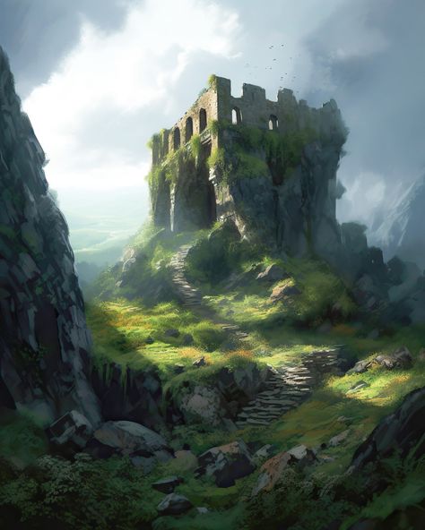 A Tale of Overgrown Ruins - Ephellem's Ko-fi Shop - Ko-fi ❤️ Where creators get support from fans through donations, memberships, shop sales and more! The original 'Buy Me a Coffee' Page. Ruins Landscape Fantasy Art, Fantasy Mountain Village Concept Art, Forest Ruins Fantasy Art, Fantasy Concept Art Landscape, Castle Ruins Fantasy Art, Fantasy Setting Art, Fantasy Ruins Concept Art, Fantasy Locations Art, Ruined Castle Fantasy Concept Art