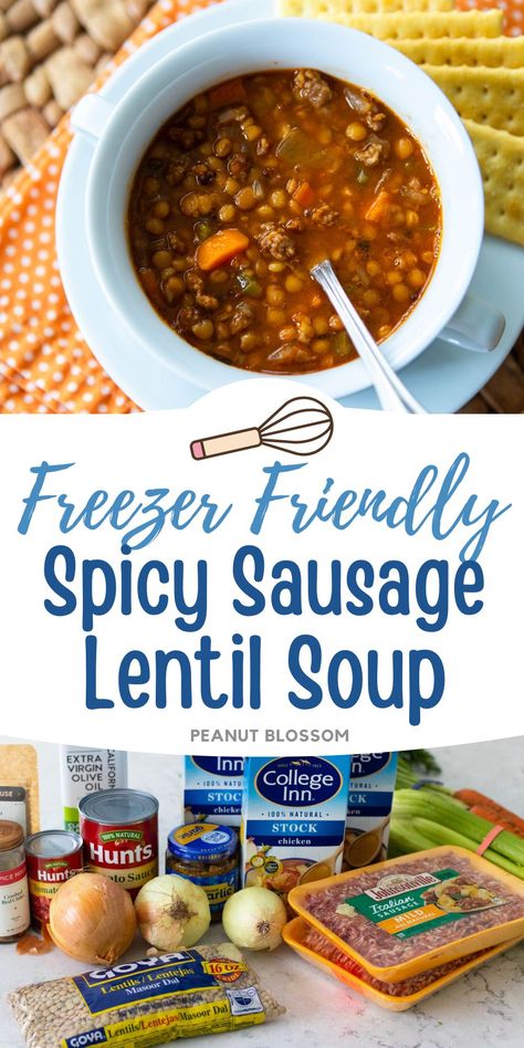 Make a big batch of this sausage lentil soup to enjoy now and freeze some for later. You can adjust the spicy level by changing up the sausage seasonings easily. Sausage Lentil Soup Recipe, Lentil And Sausage Soup, Lentil Soup Crockpot, Sausage And Lentil Soup, Sausage Lentil Soup, Guy Food, Easy Lentil Soup, Sausage Lentil, Lentil Sausage Soup