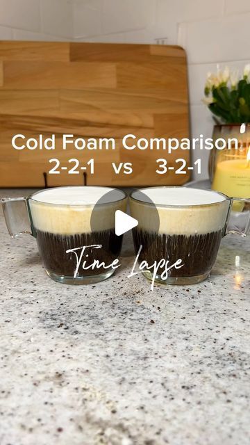 Sandra G | Coffee - Cafe ☕️ on Instagram: "Homemade Cold Foam Comparison   Making homemade cold foam is so easy! Here I show a time lapse of homemade cold foam on an iced coffee that last 30 minutes!  The common recipe is 3-2-1 -3 tbsp whipping cream -2 milk -1 syrup flavor  Why 2-2-1 is my preference: - Last just as long on top of a drink as 3-2-1 - Taste more like the flavor you add, this is the big one! - Less calories (1 tbsp of whipping cream is ~50 cal each)  Cold Foam Calories -3 tbsp whipping cream (3x50= 150 cal) -2 milk (unsweetend oat, 10 cal) -1 syrup flavor (SF = 0, but using regular ~45 cal) Total ~200 calories  Items used in video are linked in Amazon storefront Glasses @ikea Frothers @newenglandstories_kitchen   Yes my cats are savages 💀😼   #coffee #cafecito #primerocafec Almond Milk Cold Foam, How To Make Cold Foam, Cold Foam How To Make, Homemade Cold Foam, Chocolate Cream Cold Foam, Cold Foam Recipe, 50 Cal, Americano Coffee, Cold Foam