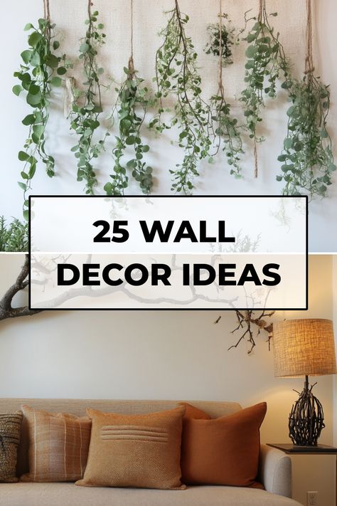 Hanging plants above a sofa with earth-toned pillows and a lit wicker lamp. Text reads "25 Wall Decor Ideas". Creative Living Room Wall Ideas, Personal Decor Ideas, Bare Living Room Wall Ideas, Living Room Decor Wall Ideas, How To Decorate Living Room Walls Ideas, Office Feature Wall Ideas, Wall Pictures Aesthetic, Wall Art Living Room Decor Ideas, Wall Art Ideas Aesthetic