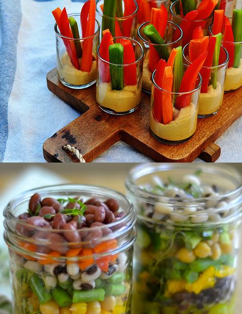 serving salad or veggies with hummus in a small jar or glass on an appetizer station makes a nice presentation and avoids having a messy plate of food Veggies With Hummus, Appetizer Station, Plate Of Food, Small Jars, Hummus, Appetizer, Presentation, Salad, Ethnic Recipes