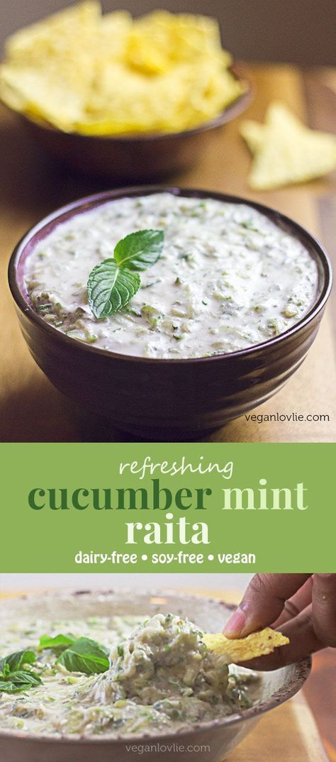 Cucumber raita with mint, a refreshing cucumber dip or cooling condiment to accompany any spicy meal. #raita #cucumberraita #vegandips #veganrecipes #vegancondiments #vegan #veganlovlie Raita Recipe Indian, Cucumber Dip, Dip Vegan, Cucumber Raita, Soy Free Vegan, Mango Chutney, Mint Recipes, Vegan Sauces, Cucumber Recipes