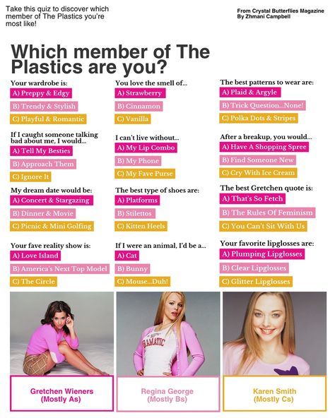 Okay serious question…which member of the Plastics are you? (Sorry, Cady OGs only) 🏷️: #cbbyzac #pinterest #fyp #octoberthird #meangirls #pinterestaesthetic #quiz #magazinearticle #magazine Magazine Quiz, The Plastics, Trick Questions, Teen Magazine, After Break Up, Art Diary, Someone New, Magazine Articles, Find Someone