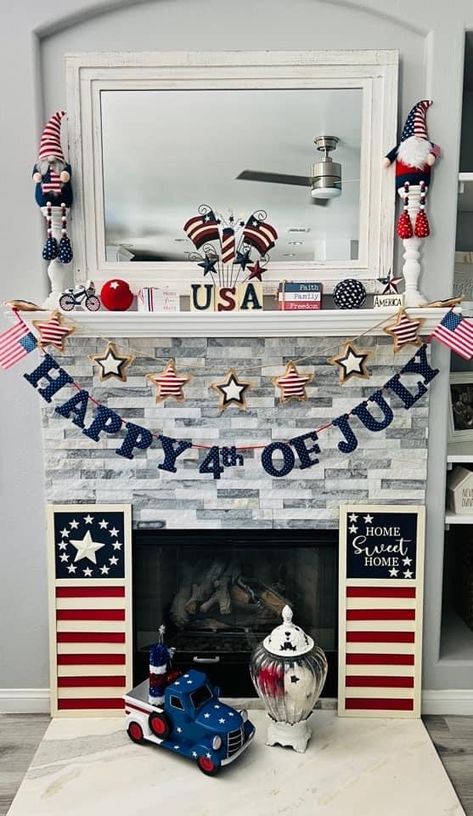 4th Of July Mantel Decorating Ideas, 4th Of July Fireplace Decor, 4th Of July Mantel Decor, Fourth Of July Mantle, 4th Of July Mantle, Patriotic Mantle, Farmhouse 4th Of July Decor, Americana Cottage, Patriotic Decorations Diy