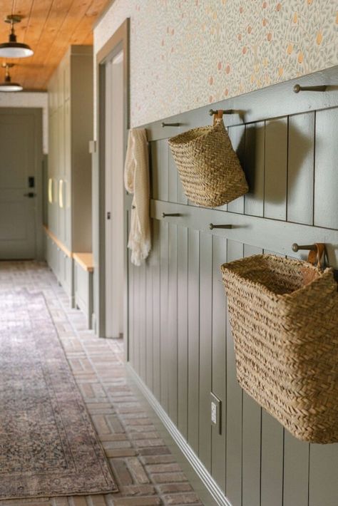 Mudroom Hook Wall, Mudroom Beadboard With Hooks, Simple Farmhouse Mudroom, Tongue And Groove Mudroom, Mudroom Ideas Wallpaper, Hooks In Hallway, Wood Peg Rail, Mudroom Ideas Hallway, Mudroom Coat Hook Ideas