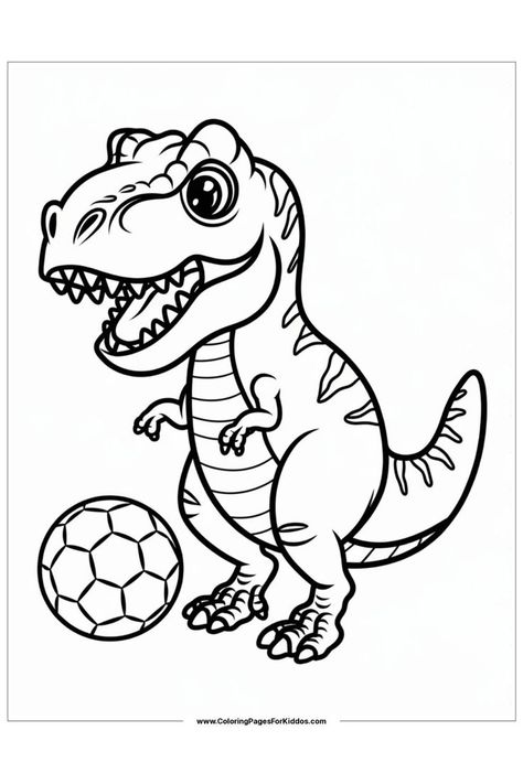 A sporty Kawaii T-Rex playing with a soccer ball, encouraging fun in coloring. Coloring Pages For Boys Free Printable, Dinosaur Coloring Sheets, Cute Printables, Coloring Pages Cute, Printables For Kids, Dinosaur Coloring Pages, Coloring Pages For Boys, Dinosaur Coloring, T Rex Dinosaur