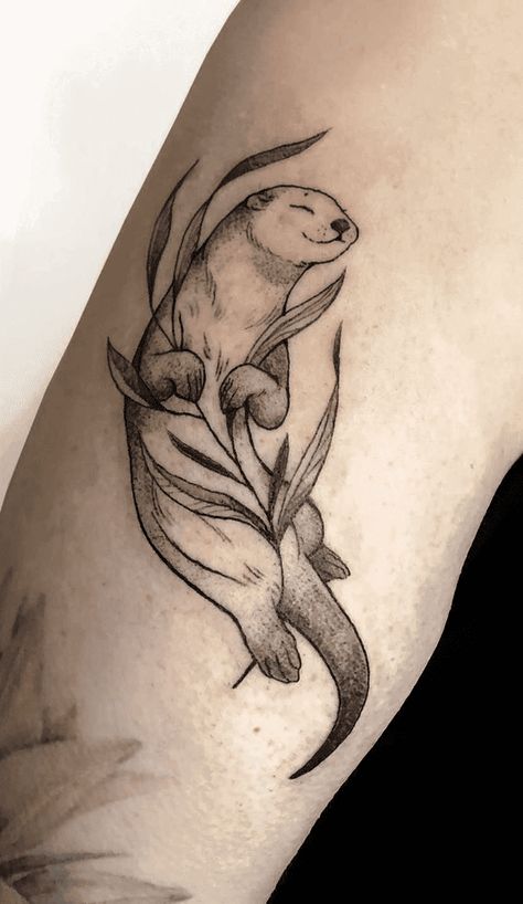 Unique Animal Tattoos For Women, Two Otters Tattoo, Water Animal Tattoo Ideas, Marine Animals Tattoo, Otter Tattoo Design, Matching Otter Tattoos, Underwater Sleeve Tattoo, Sea Otter Tattoo Simple, One Line Otter Tattoo