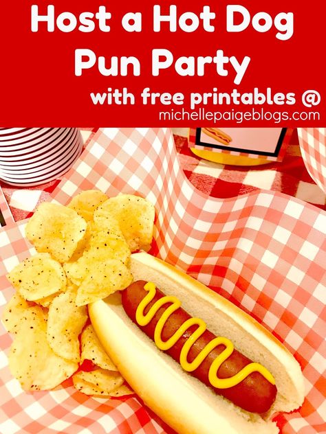 Host a Hot Dog Pun Party with free Printables @michellepaigeblogs.com Pun Party, Fun Puns, Hot Dog Party, Birthday Puns, Dog Puns, Dog Themed Parties, Celebrate Good Times, Food Basket, Kids Party Food