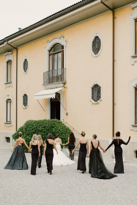 black bridesmaid dresses Vogue Wedding Bridesmaid, Editorial Bridesmaids Photos, Summer Black Bridesmaid Dresses, Black Bridesmaid Dresses Aesthetic, Old Money Bridesmaid Dresses, Mismatched Black Bridesmaid Dresses, Black Mismatched Bridesmaid Dresses, All Black Bridesmaid Dresses, Bridesmaid Black Dresses