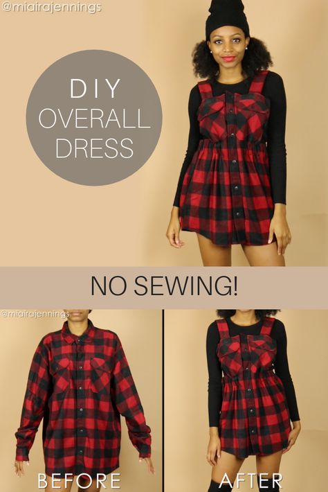 Here's how to turn a large long sleeve flannel shirt into a cute DIY overall dress with NO SEWING! ✂️  #DIY #fashion #hack #shirt #dress #thrift Flannel Shirt Ideas, Diy Overall Dress, Hack Shirt, Diy Clothes Refashion No Sew, Bunny Rolls, Shirt Dress Diy, Umgestaltete Shirts, Diy Clothes Refashion, Upcycle Clothes Diy