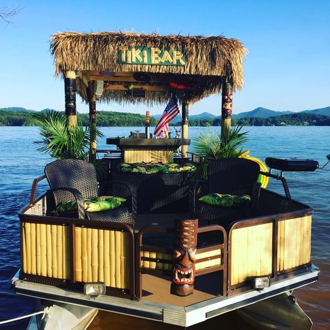 Aqua Tiki - Party Boats on Lake Chatuge in Hiawassee, Georgia Pontoon Tiki Bar, Tiki Bar Pontoon Boat, Tiki Pontoon Boat, Party Barge Pontoon Boats, Diy Party Barge, Pontoon Boat Decorating Ideas, Party Boat Ideas, Diy Pontoon Boat, Pontoon Boat Ideas