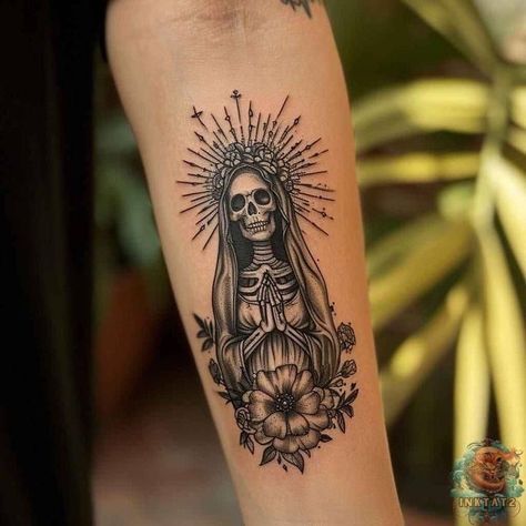 Mexican Heritage Tattoos For Women, Santa Muerte Drawing Tattoo, Santa Muerte Tattoo, Catrina Tattoo, Hyper Realistic Tattoo, Mary Tattoo, Mexican Art Tattoos, Dog Skeleton, Small Hand Tattoos