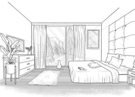 Rooms To Draw, How To Draw A Bedroom, Room Sketches Interior, Bedroom Perspective Drawing, How To Draw A Room, One Point Perspective Bedroom, Room Design Drawing, Bed Sketch, Bedroom Sketch