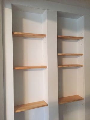 between-the-studs storage - how we constructed a small but essential pantry Pantry Wall Niche, Between The Studs Bookcase, Shelves In Wall Studs, Built Ins Between Studs, Between The Studs Pantry, Bookshelf Between Studs, Small Wall Storage, Shelves In Between Studs, Bookcase Between Studs