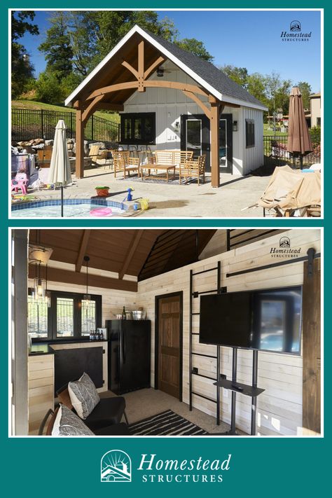 This beautiful pool house design is reminiscent of a modern farmhouse. The poolside oasis includes a timber frame pavilion, an outdoor bar, and a loft. Modern Farmhouse Pool, Homestead Structures, Farmhouse Pool House, Pool Cabana Ideas, Farmhouse Pool, Pool House Cabana, Pool Plans, Pool House Design, Unique Pool