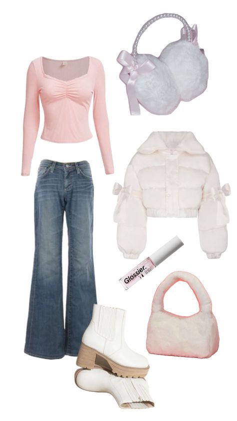 #coquette #oufit #outfitinspo #sweet #coquetteaesthetic #fluffy #cozyoutfit #winter #winteroutfit #pinkwhite Coquette Fashion Winter, Coquette Winter Fits, Coquette Outfit Winter, Winter Outfits Coquette, Flare Jeans Outfit Winter, Coquette Winter, Kawaii Summer, Coquette Outfits, Flare Jeans Outfit