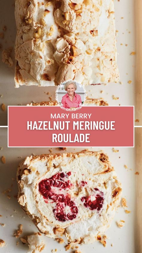 Mary Berry Hazelnut Meringue Roulade Raspberry Roulade Recipe, Meringue Roulade Recipe, Mary Berry Desserts, Raspberry Roulade, Impressive Food, Mary Berry Baking, Mary Berry Cakes, Mary Berry Cooks, Meringue Roulade