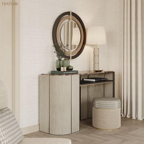 Haven of tranquillity: Working from home, but don’t have the space for a dedicated office? It pays to be imaginative. In this instance, adding the AGRA stool transforms the OKAYAMA console into a desk. Discover the full concept at frato.com/concepts_a_haven_of_tranquility #FRATO #TimelessInteriorsbyFRATO #LuxuryInteriors #InteriorDesign Cosy Corner Ideas, Dark Wood Bedroom, Dream House Living Room, Corner Ideas, Dresser Table, Contemporary Console Table, Dressing Table Design, Hotel Room Design, Cosy Corner