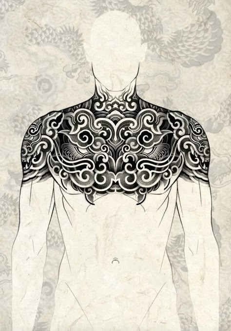 Chest Pattern Tattoo, Full Body Back Tattoo, Geometric Chest Tattoo Men, Japanese Mandala Tattoo, Tattoo Patterns For Men, Blackwork Chest Tattoo, Tattoo Chest Ideas, Orientalism Art Tattoo, Japanese Chest Tattoo