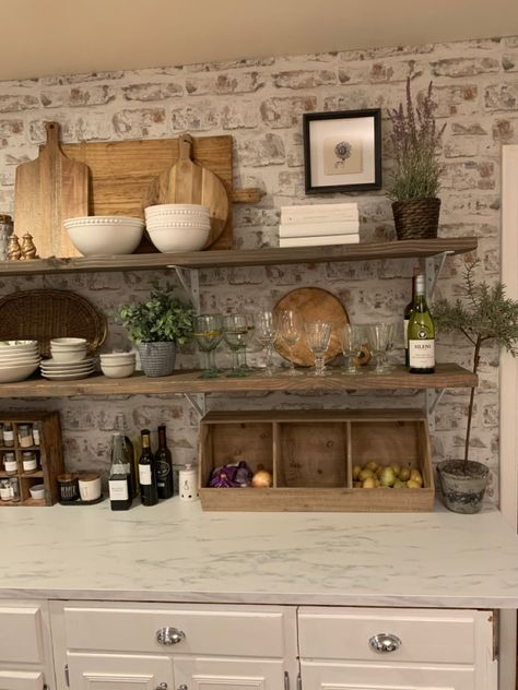 Brick Walls In Kitchen Ideas, Brick Effect Wallpaper In Kitchen, Stone Wallpaper In Kitchen, Open Shelving Small Kitchen Ideas, Rustic Kitchen Wallpaper, Open Shelves Kitchen Brick Wall, Brick Kitchen Wallpaper, Marble Countertops Kitchen Decor, Peel And Stick Brick Kitchen