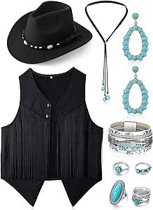 Suhine 9 Pcs Western Outfits for Women Cowgirl Tassel Sleeveless Vest Cowboy Hat Turquoise Jewelry Kit Cowgirl Black Dress, Womens Western Fashion Country, Western Costume Women, 90s Country Fashion Women, Cute Cowgirl Outfits Party, Western Outfits Black Women, Curvy Western Outfits, Glam Cowgirl Outfit, Cowgirl Outfits Black Women