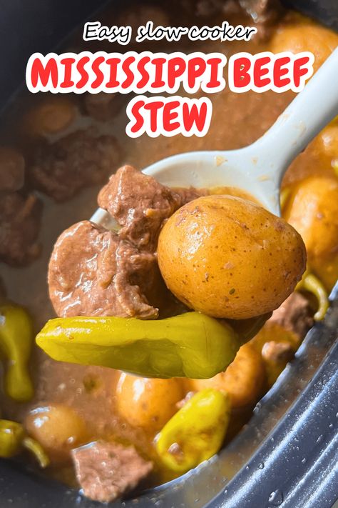 An image of Mississippi beef stew in a slow cooker Mississippi Beef Stew, Mississippi Beef, Holiday Crockpot, Pot Roast Stew, Pepperoncini Beef, Cozy Fall Meals, Crockpot Beef Recipes, Main Dishes For Dinner, Fall Crockpot