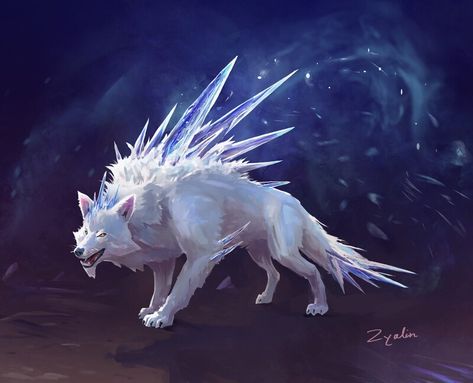 Fantasy Wolf Monster, Mythical Ice Creatures, Ice Animal Fantasy Art, Ice Creatures Fantasy Art, Ice Wolf Fantasy Art, Ice Creature Fantasy Art, Fantasy Ice Creatures, Ice Wolf Art, Ice Monster Art