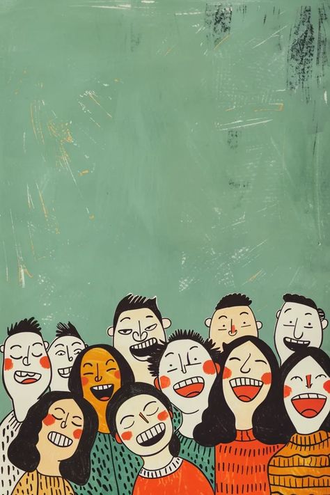 The image shows a group of people with different facial expressions. They are all looking up at something and have their mouths open in laughter ->> more details in ai-img-gen.com Different Facial Expressions, Laughter Yoga, A Group Of People, Light Green Color, Simple Cartoon, Group Of People, People Laughing, People Illustration, Facial Expressions