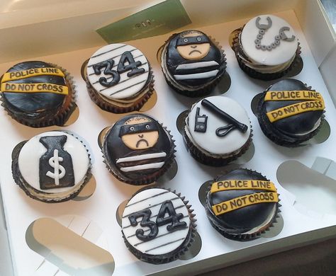 Police, criminal, cops and robbers themed cupcakes Police Desserts, Police Cupcakes Ideas, Police Cupcakes, Police Lego, Police Officer Party, Police Officer Birthday, Police Cakes, Donut Ideas, Police Retirement