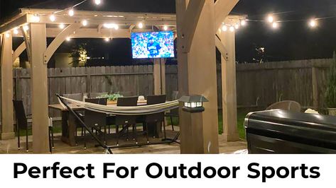 We love watching outdoor sports now ⚾ 🏒 🏈 ⚽ Gazebo Theater, Gazebo Yardistry, Outdoor Tv Setup, Wood Gazebo, Gazebo Patio, Interior Wall Colors, Gazebo Ideas, Outdoor Patio Bar, Seating Ideas