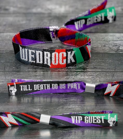 wedrock rockers rock n roll wedding wristbands Wedding Wristbands, Festival Wristbands, Rocker Wedding, Rock Music Festival, Custom Wristbands, Festival Themed Wedding, Rock N Roll Wedding, Rock N Roll Style, Rock N Roll Bride