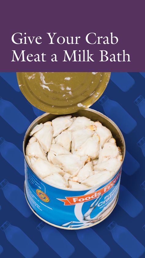 While fresh seafood is best for crab cakes, it’s not always available. Fortunately, packaged or canned crabmeat can be a perfectly good option, but such processed seafood (which comes fully cooked) can be accompanied by an off-putting odor. Here's how to fix that with a simple milk bath. Canned Crabmeat Recipe, Canned Crab Meat Recipes Easy, Crab Cakes With Canned Crab Meat, Canned Crab Meat Recipes, Canned Crab Recipes, Can Crab Meat Recipes, Packaged Meat, Tinned Seafood, Blue Crab Recipes